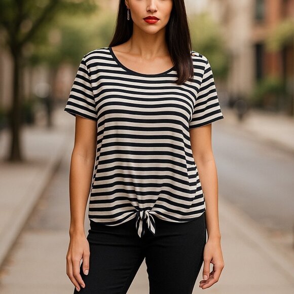 ELLEN TRACY Black Striped Front Tie Tee Plus 2X Shirt Top Scoopneck - Picture 1 of 10